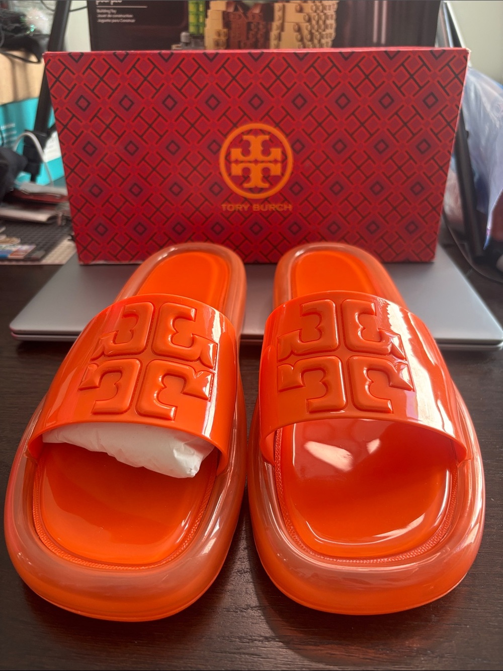 Tory Burch Kids Bright Orange Logo Slide Sandals